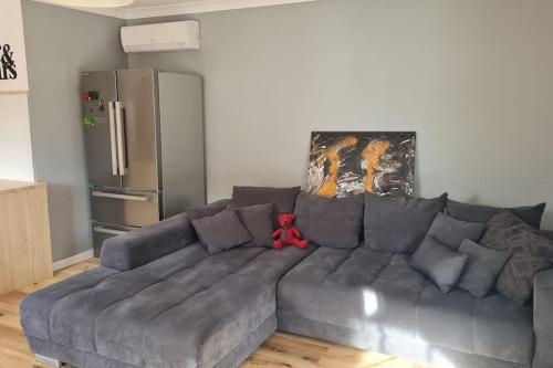 - un canapé gris dans le salon avec un ours en peluche dans l'établissement Loc appart 2 à 4 pers NIMES CHU, à Nîmes