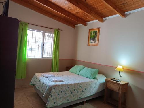 Un dormitorio con una cama con cortinas verdes y una ventana. en Hospedaje Algo Nuestro, en Gobernador Gregores