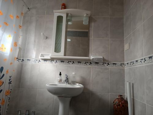 un baño con lavabo y espejo en Hospedaje Algo Nuestro, en Gobernador Gregores
