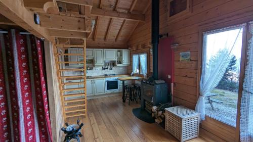 Cabaña con cama elevada y cocina en Le Petit Chalet du haut du Salève 