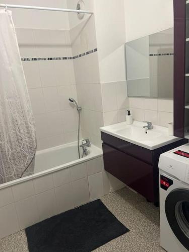 ein Badezimmer mit einem Waschbecken, einer Badewanne und einer Dusche in der Unterkunft Vue sur canal et Stade de france in Aubervilliers