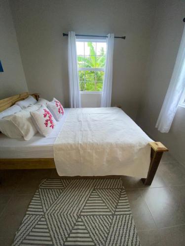 a bedroom with a large bed with a window at Vee's Country Apartments in Micoud