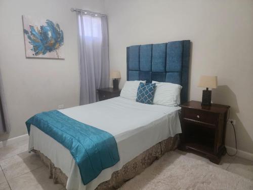 a bedroom with a large bed with a blue headboard at Cozy one bedroom at perkins in Kingston