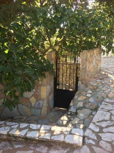 a gate in a stone wall with a tree at Theisoa.Old Little house in the garden . Andritsaina. in Andritsaina