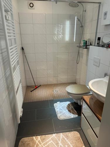 een badkamer met een douche, een toilet en een wastafel bij 1001 Nacht in Hagen