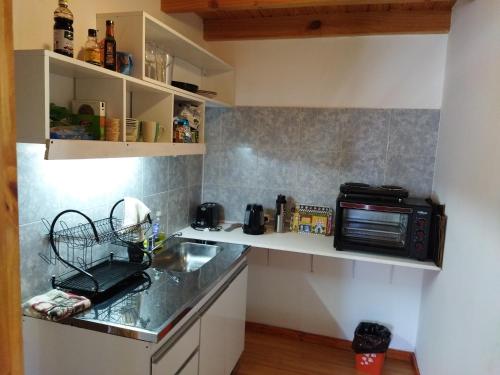 a kitchen with a sink and a microwave at La casa de Pato in San Martín de los Andes