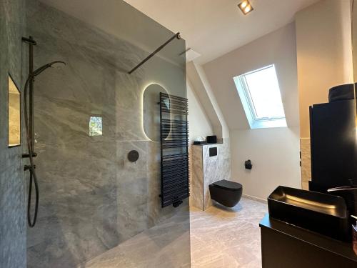 a bathroom with a shower and a toilet at * Stadtvilla Plauen * * außergewöhnlich * 2 Zimmerwohnung * Zentrumsnah in Plauen