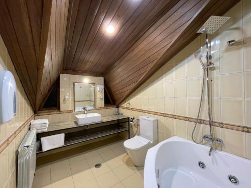 a bathroom with a toilet and a sink and a tub at DeLin Hotel And Tours in Yerevan