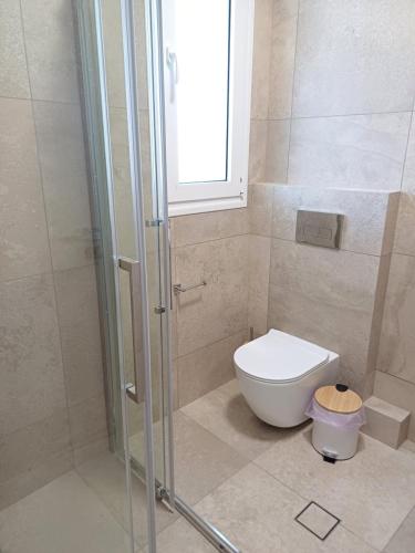 a bathroom with a toilet and a walk in shower at TEGEA LUXURY SUITES Artemis in Tripolis