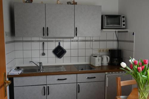 kuchnia ze zlewem i kuchenką mikrofalową w obiekcie Schönes Appartement in ruhiger Lage w Kilonii