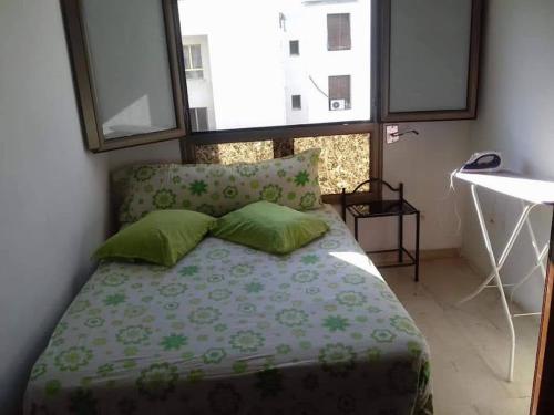 a bedroom with a bed with green pillows and a window at Appartement meublé centre ville de Tunis in Tunis