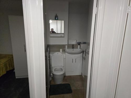 a bathroom with a white toilet and a sink at Stylish 3 bedrooms in Bradwell