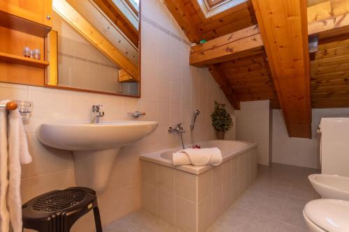 a bathroom with a sink and a tub and a toilet at mansarda Lungolago in Alleghe