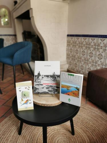 a coffee table with books on it in a living room at L'auberge Camarguaise in Saintes-Maries-de-la-Mer