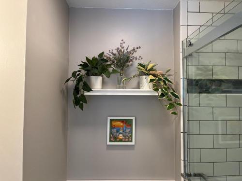 un estante con plantas en el baño en Escape OBX, en Kitty Hawk