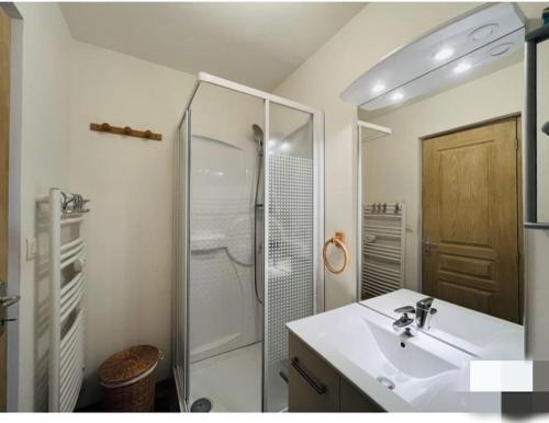 une salle de bain blanche avec un lavabo et une douche dans l'établissement Studio au cœur du centre ville, à Le Mont-Dore