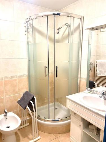 une salle de bain avec une douche, des toilettes et un lavabo dans l'établissement Bottero-Joli Studio avec terrasse 5 mins de la mer, à Nice