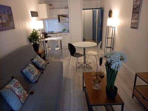 un salon avec un canapé et une table dans l'établissement Bottero-Joli Studio avec terrasse 5 mins de la mer, à Nice