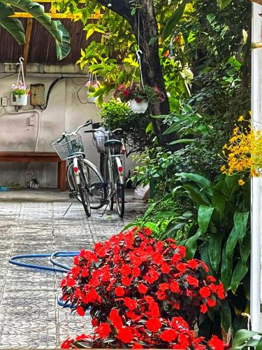 a bike parked next to a bunch of red flowers at An Bang Gold Coast Beach Villa in Hoi An