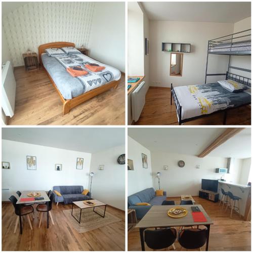 trois photos d'une chambre et d'un salon dans l'établissement La Clair'fontaine, à Clairvaux