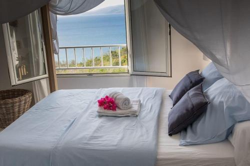 una camera da letto con un letto con vista sull'oceano di T3 résidence les ramiers (anse a l'âne) a Les Trois-Îlets