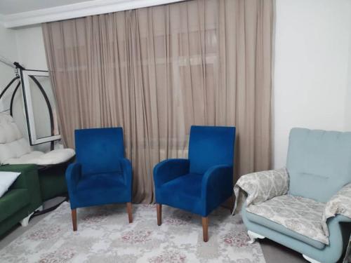 two blue chairs and a couch in a room at Yola hime in Istanbul