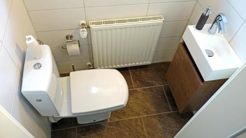 a bathroom with a white toilet and a sink at Ferienwohnung Preziosa in Idar-Oberstein