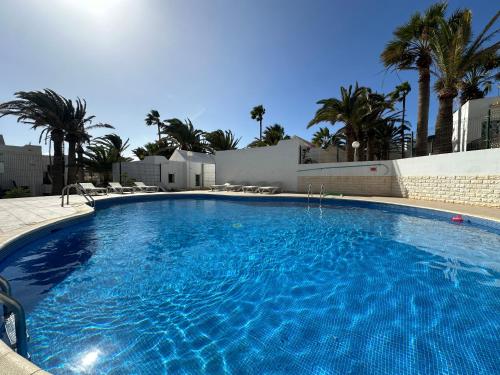 a large blue swimming pool with palm trees in the background at Santa Úrsula 21 in Costa Calma