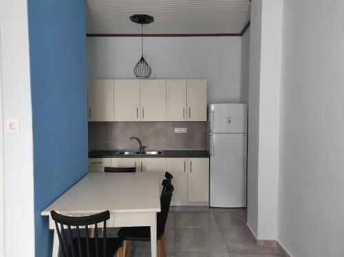 a kitchen with a white table and a refrigerator at Studio Aloe in Iraklitsa