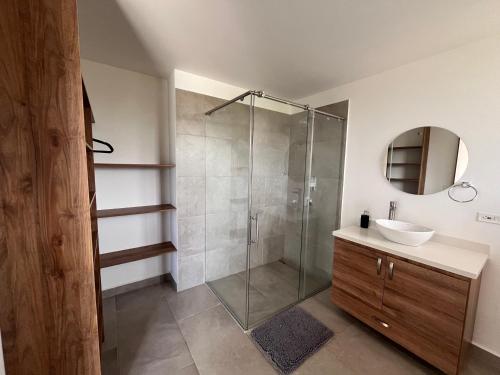 基姆巴亞的住宿－Mestiza Hospedaje familiar，一间带玻璃淋浴和水槽的浴室