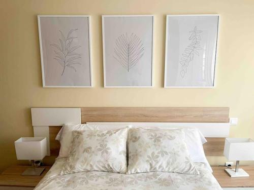 drei Zeichnungen von Pflanzen an einer Wand über einem Bett in der Unterkunft El apartamento de Adriana en Torrelavega. in Torrelavega