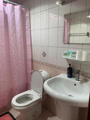 a pink bathroom with a toilet and a sink at Studio Apartment in Sharjah