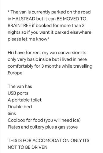 a screenshot of a text message about a van is currently parked on the road at VAN CONVERSION FOR ACCOMODATION in Waldingfield