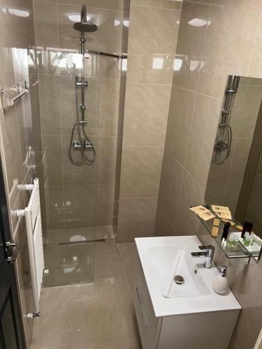 a bathroom with a shower and a white sink at NDL Downtown in Cluj-Napoca