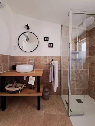 une salle de bain avec un lavabo et une douche en verre dans l'établissement La Madoca, à Flayosc