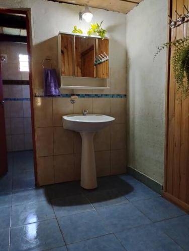 a bathroom with a white sink and a mirror at Bienestar in San Ignacio