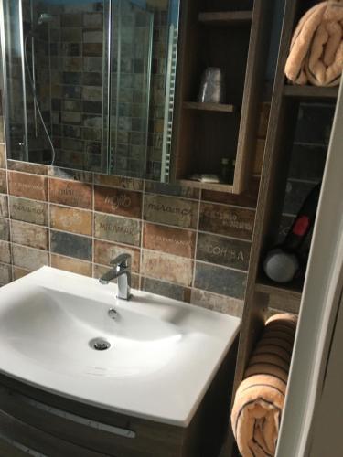 a bathroom with a sink and a mirror at Gasthof " Zur Brücke" in Alsleben