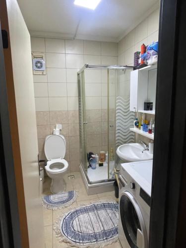 La salle de bains est pourvue de toilettes, d'un lavabo et d'un lave-linge. dans l'établissement 1+1 lüx daire, à Istanbul