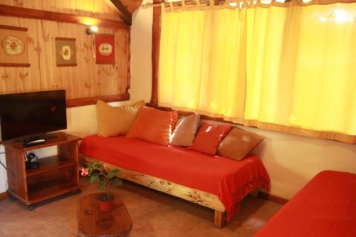 1 dormitorio con 1 cama con manta roja y TV en Cabañas Cerro Amigo en El Bolsón