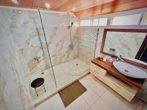 a bathroom with a shower and a sink and a toilet at N.Caunhye Villa in Pereybere