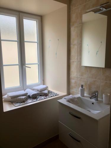 ein Bad mit einem Waschbecken und einem Fenster in der Unterkunft Les chambres du Moulin in Les Epsailles