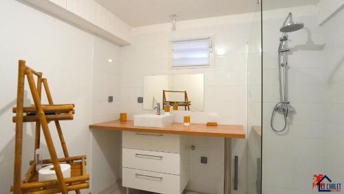 a bathroom with a sink and a shower at Chalet des laves in Sainte-Rose