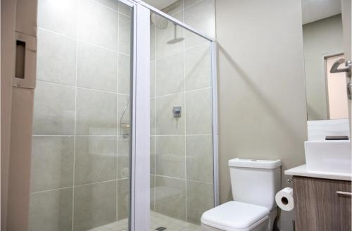 a bathroom with a shower with a toilet and a sink at The Bolton Rosebank Apartment 26 in Johannesburg