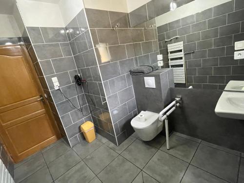 a bathroom with a shower and a toilet and a sink at GITE DE L'ORCHIDÉE P M r in Locmaria-Grand-Champ