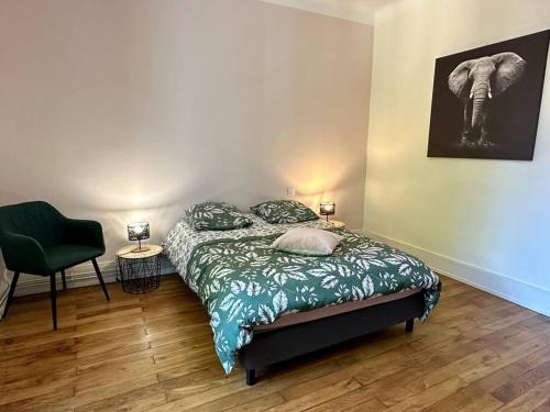 1 dormitorio con 1 cama y 1 silla verde en Chez Delphine, en Bourg-en-Bresse