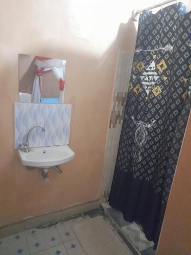 bagno con lavandino e tenda doccia di Prestige Guest House a Mariakani