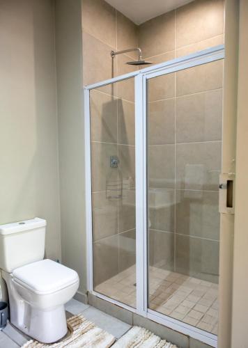 a shower stall in a bathroom with a toilet at Rosebank Apartment the Bolton 27 in Johannesburg