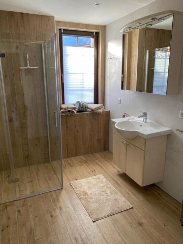 uma casa de banho com um chuveiro, um lavatório e um espelho. em Ferienwohnung „zur Sonne“ em Niederzimmern