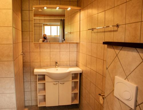 a bathroom with a sink and a mirror at Rondane Haukliseter Fjellhotell in Høvringen