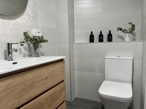 a white bathroom with a toilet and a sink at Casa Gloria in Málaga